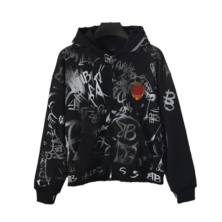 Black zipper graffiti hoodie jacket b 5320