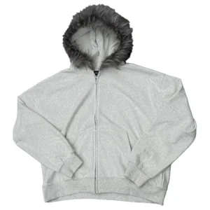 Faux Fur Zip-Up Hoodie Light Grey