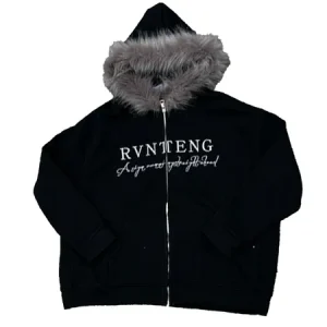 RVNTENG Faux Fur Zip-Up Hoodie Black