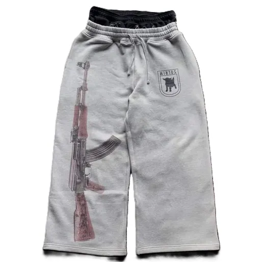Ak-47 Print Double Waisted Grey Sweatpants