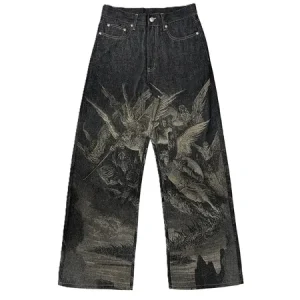 WANNA LAB Angel Print Raw Denim Baggy Jeans