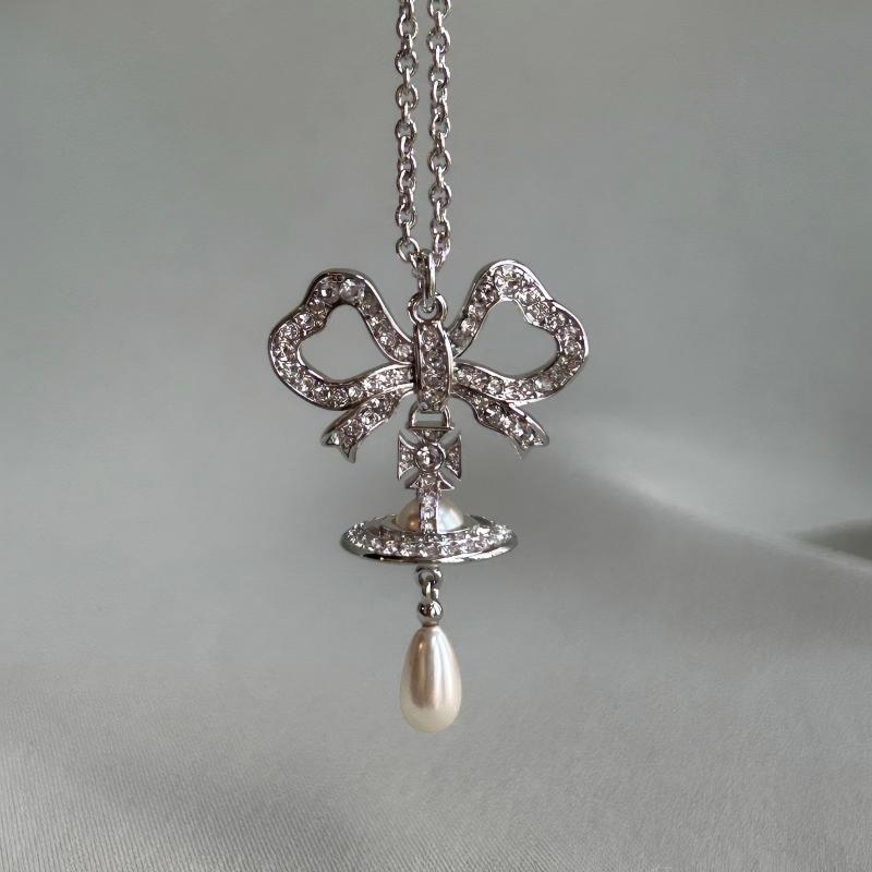 Mother Water Drop Pearl Bow Pendant Necklace