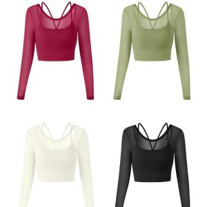 Yoga Top Sexy Mesh-Panel Faux Two-Piece Design