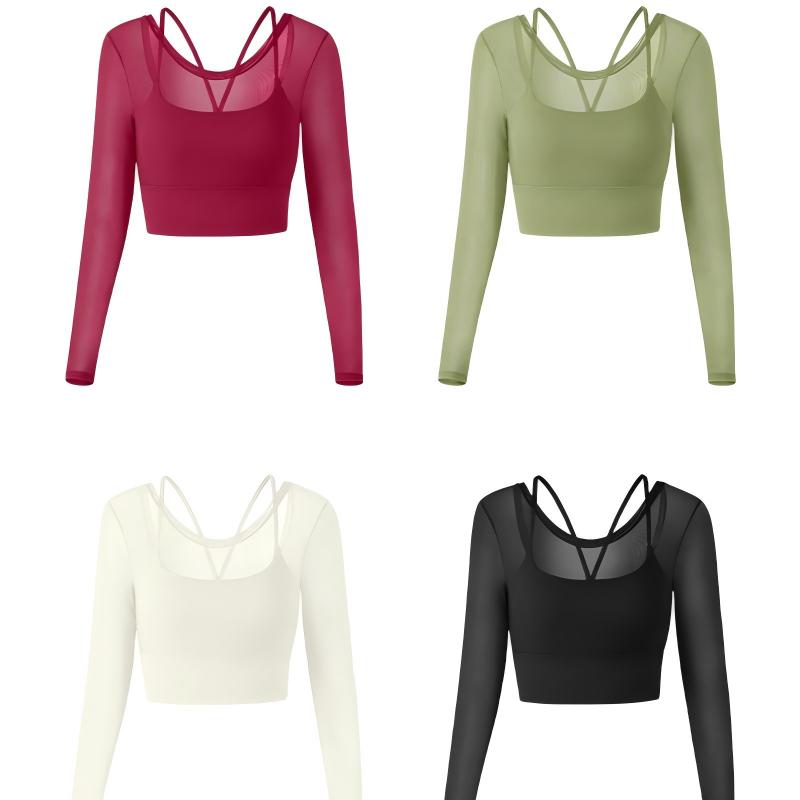 Yoga Top Sexy Mesh-Panel Faux Two-Piece Design