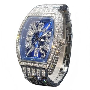 Fully diamond hip-hop style tonneau-shaped men’s quartz watch