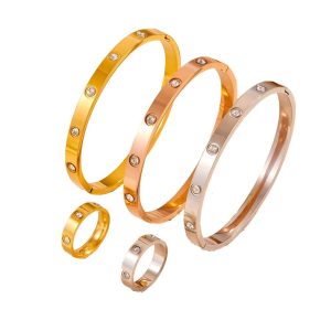 Cartier Style 18K Gold Tarnish Resistant Ring and Bracelet Set