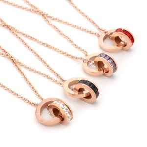 18K Multi-Color Zircon Roman Numeral Double Ring Necklace