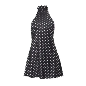 Polka Dot Open Back Waist-Cinching Halter A-Line Resort Dress