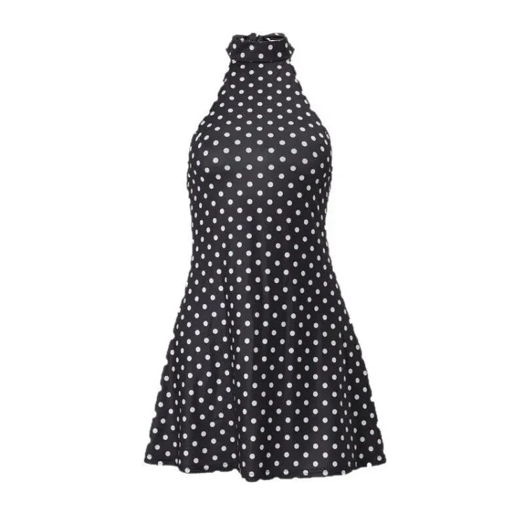 Polka Dot Open Back Waist-Cinching Halter A-Line Resort Dress