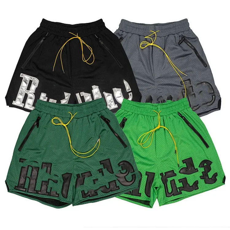 RHUDE Mesh Leather Patch Embroidered Letter Basketball Shorts