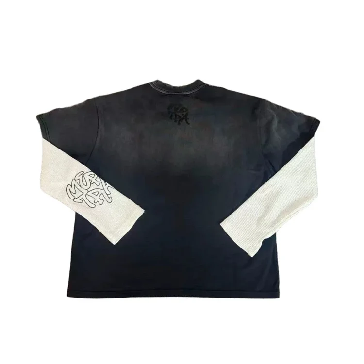 Mertra Vintage Distressed Embroidered Mock Layer Long Sleeve
