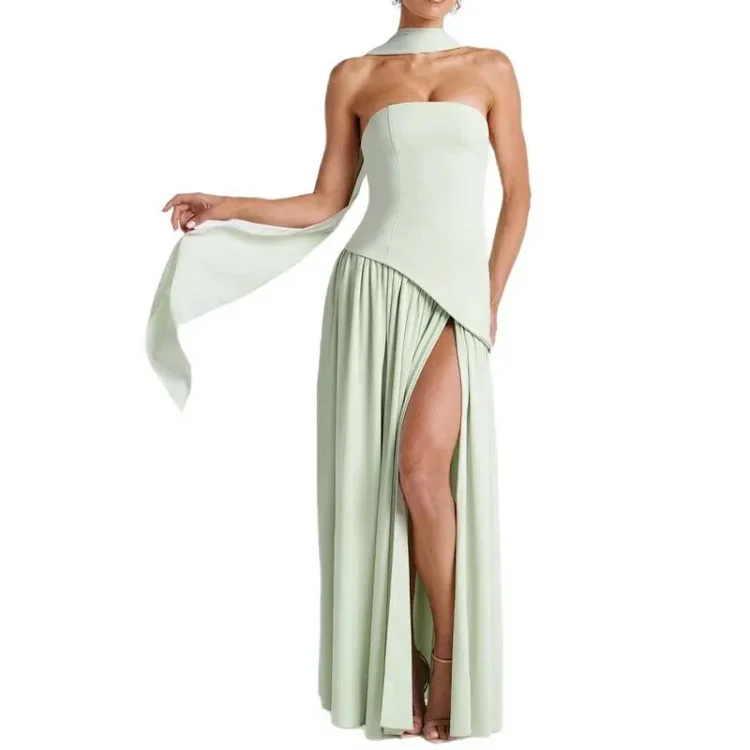 2026 New Strapless Solid Color Slit Dress
