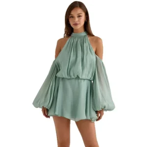 New French Style Halter High Neck Off-Shoulder Dress