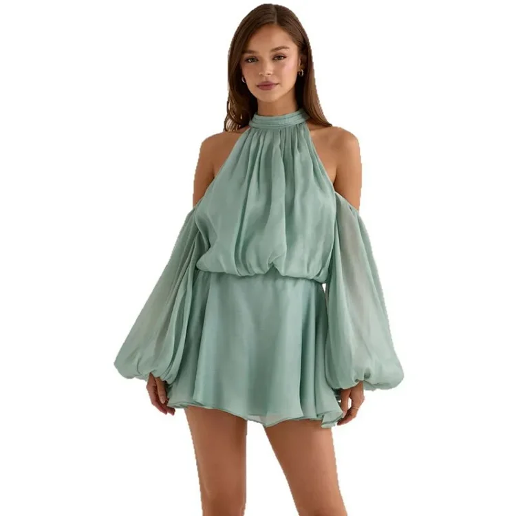 New French Style Halter High Neck Off-Shoulder Dress