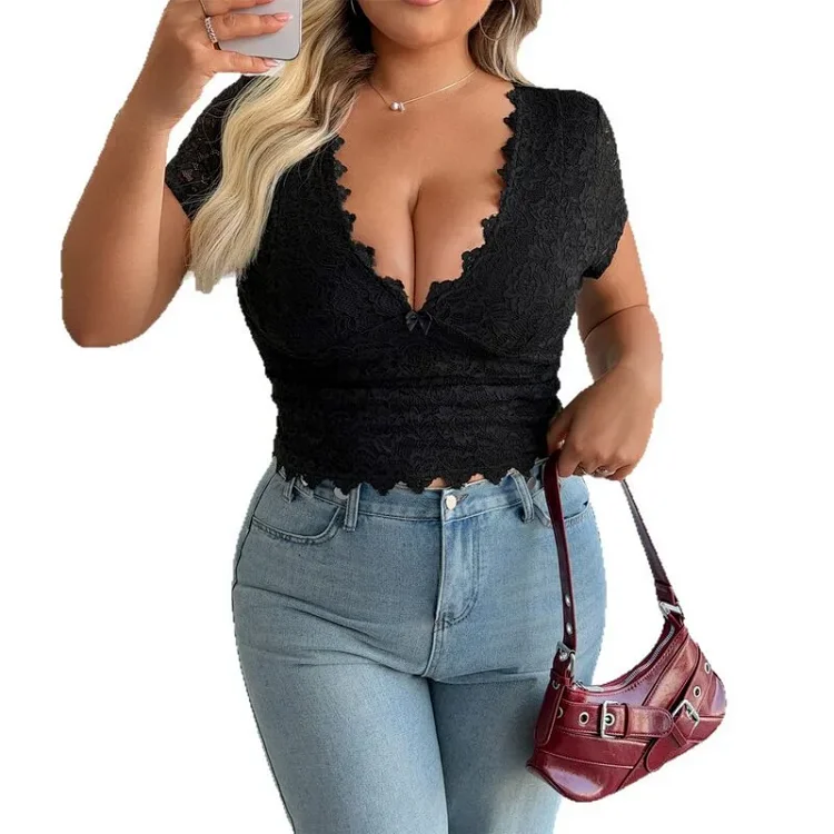 Y2K Sexy Deep V Bow Embroidered Cutout Top