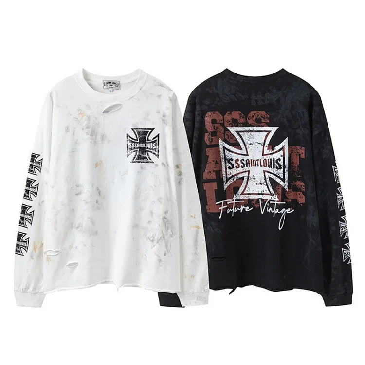 Streetwear Sssaint Distressed Street Graffiti Long Sleeve T-Shirt