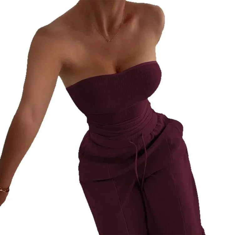 Casual Minimalist Strapless High Waist Wide-Leg Set