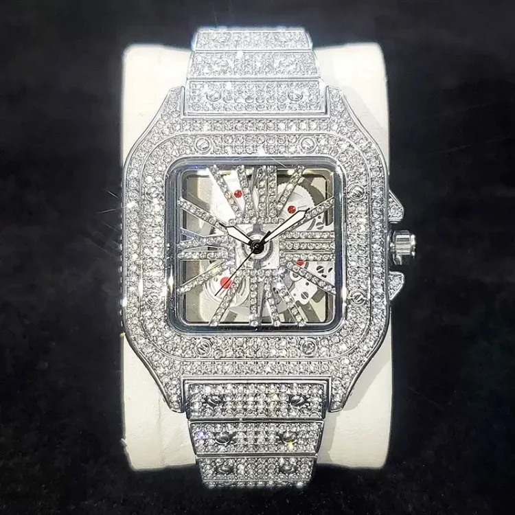 Hip-Hop Full Diamond Skeleton Square Gold Luminous Watch