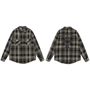 Chrome Hearts Leather Patch Embroidered Plaid Wool Shirt