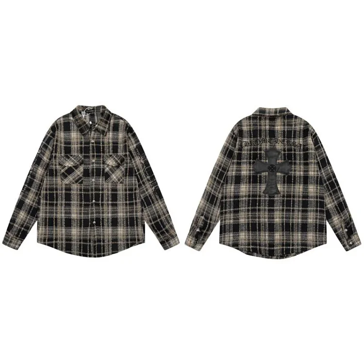 Chrome Hearts Leather Patch Embroidered Plaid Wool Shirt