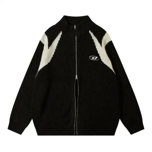 American Style Color-Block Zip-Up Knit Cardigan