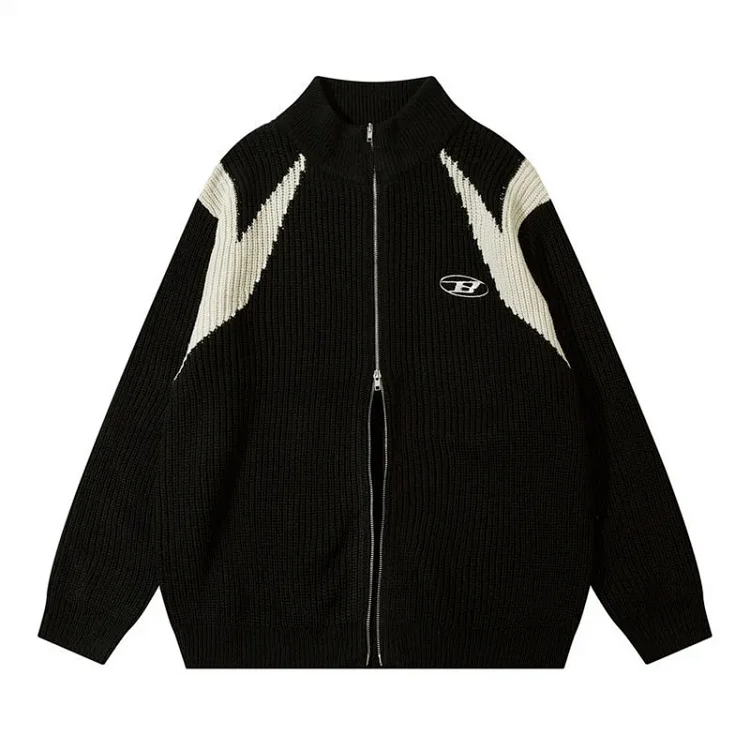 American Style Color-Block Zip-Up Knit Cardigan