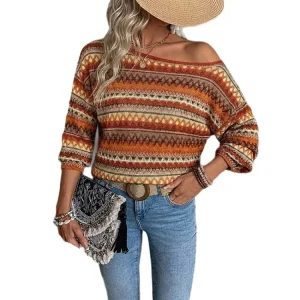 Boho Color-Block Stripe Off-Shoulder Long Sleeve Knit Top