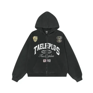Letter Mottled Print Zip-Up Hooded Jacket