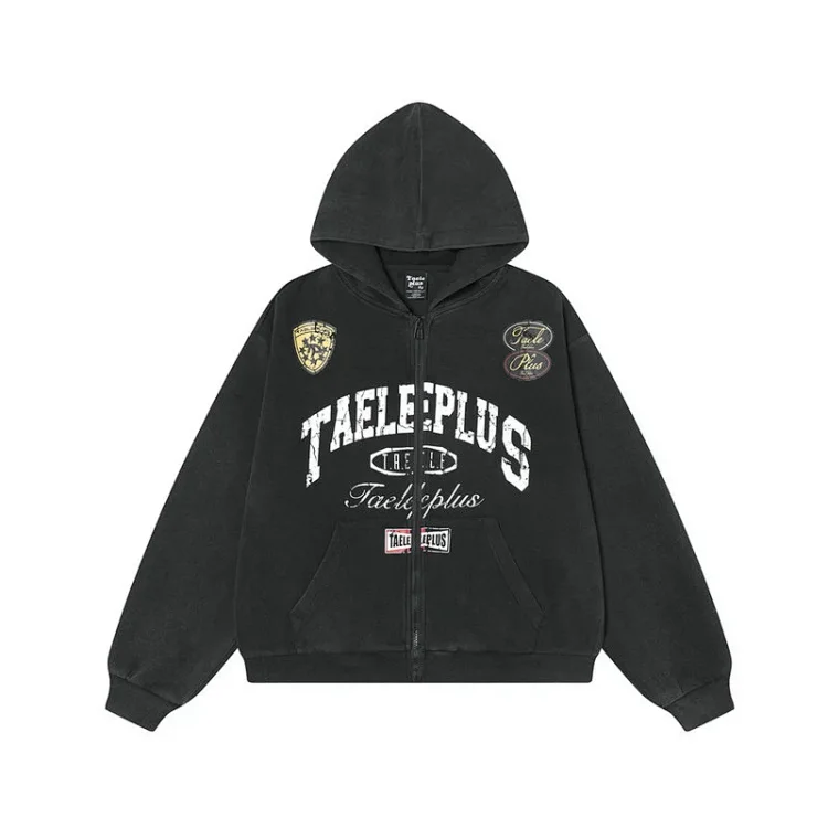 Letter Mottled Print Zip-Up Hooded Jacket