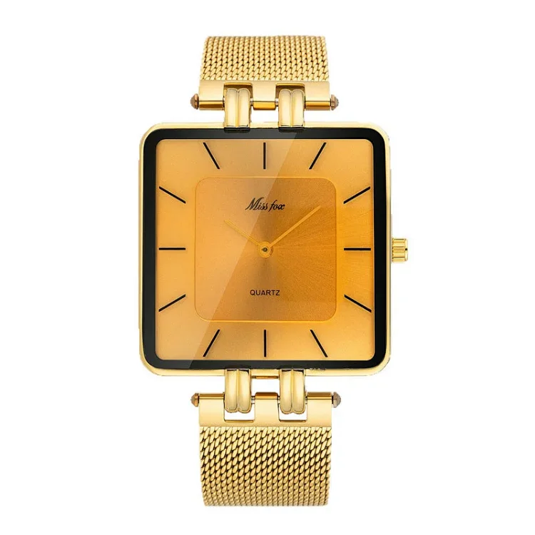 MISSFOX Minimalist Classic Square Mesh Strap Watch