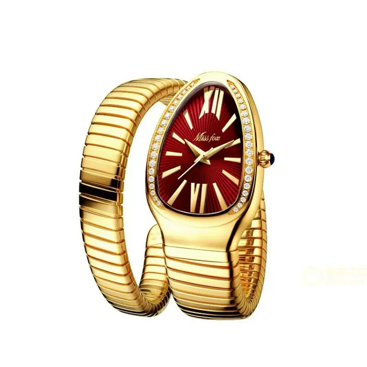 MISSFOX Unique Snake Shape Diamond-Set Gold Watch