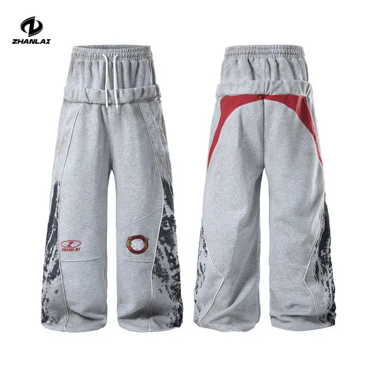 Double Waist Color-Block Patchwork Embroidered Casual Pants