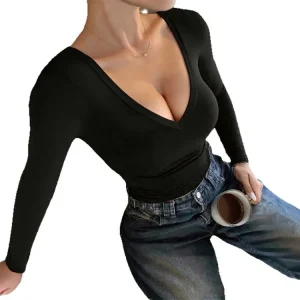 Elegant Slim Fit V-Neck Long Sleeve Top