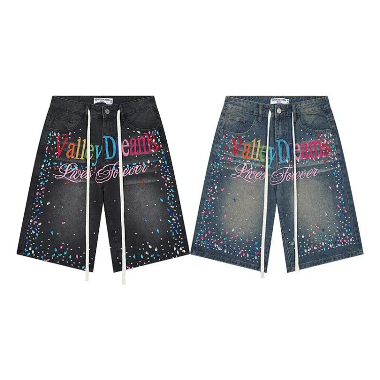 Va&le Colorful Rhinestone Embroidered Letter Jeans