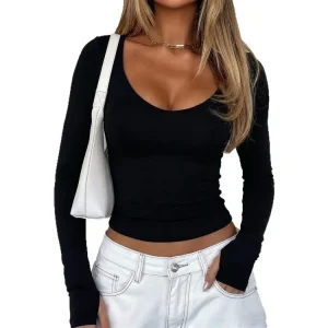 Elegant Deep U-Neck Long Sleeve Top