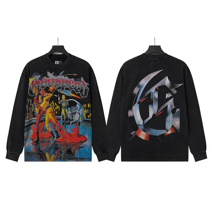 GOD Letter Print Distressed Long Sleeve Shirt