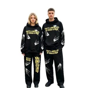 Streetwear Letter Print Distressed Terry Hoodie & Pants Set