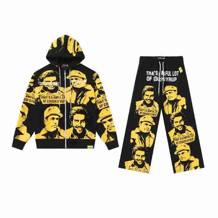 Streetwear Letter Print Terry Hoodie & Pants Set