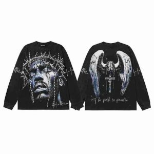 Hell Star English Letter Distressed Long Sleeve T-Shirt