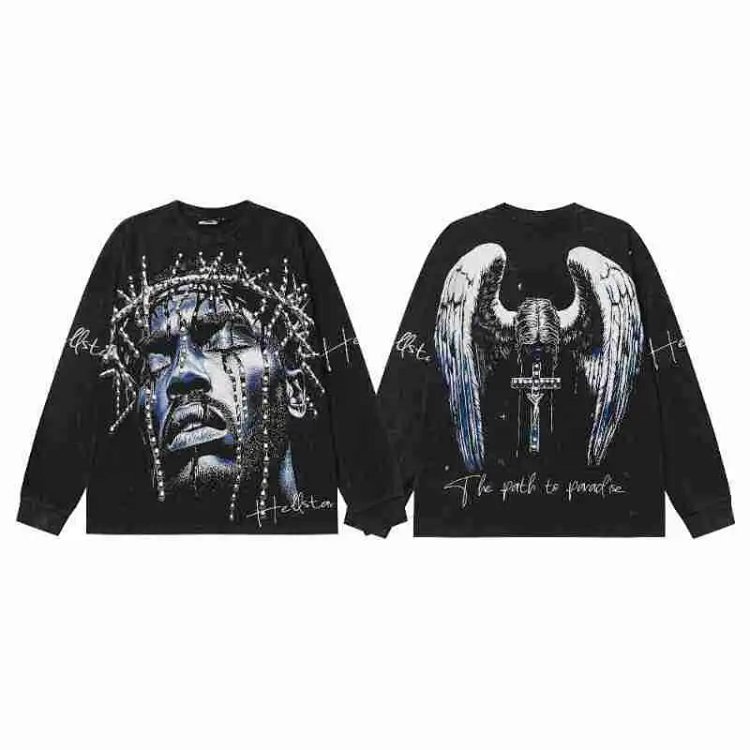 Hell Star English Letter Distressed Long Sleeve T-Shirt