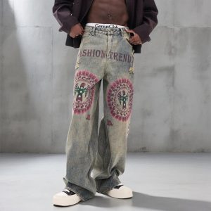 New Graffiti Loose Wide Straight Distressed Jeans