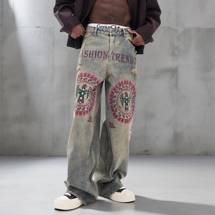New Graffiti Loose Wide Straight Distressed Jeans