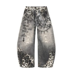 American Punk Leopard Print Patchwork Curved Blade Jeans