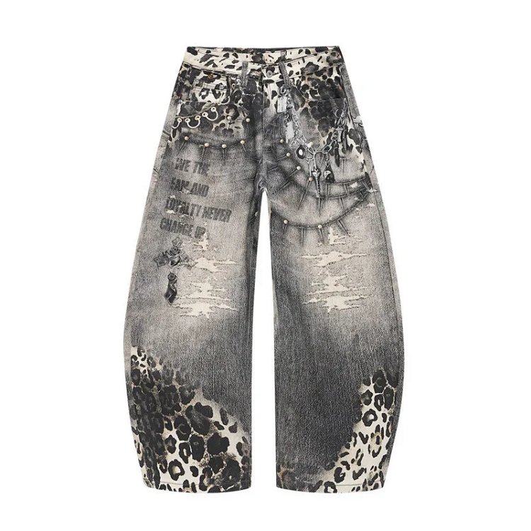 American Punk Leopard Print Patchwork Curved Blade Jeans