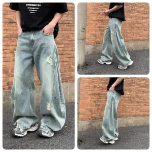 Light Blue Wide-Leg Curved Blade Jeans