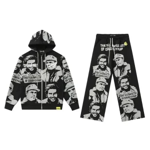 Streetwear Letter Print Terry Hoodie & Pants Set