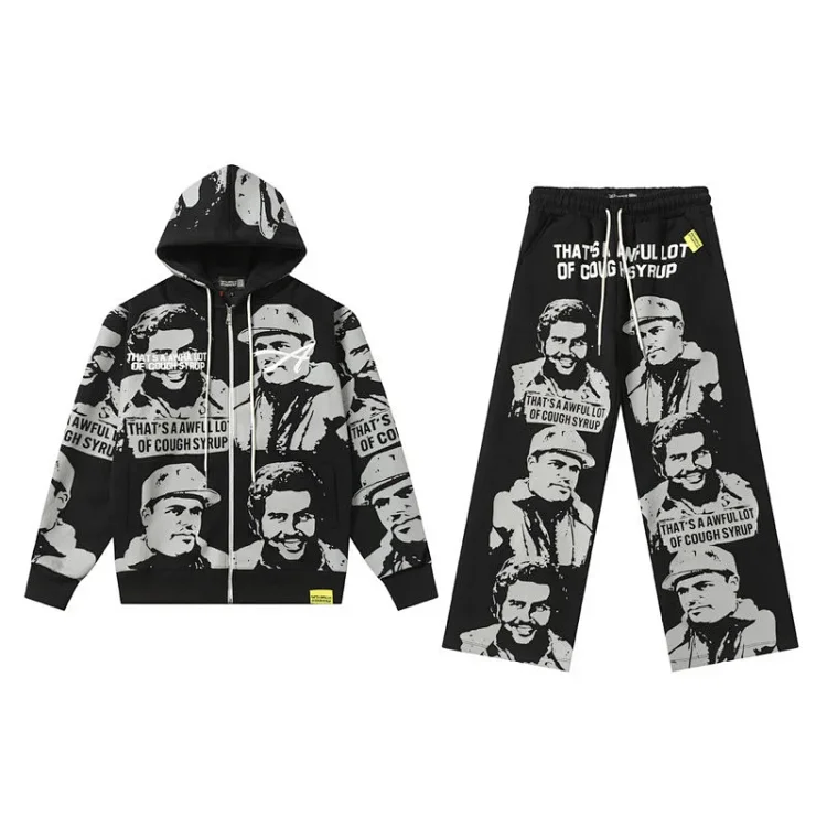 Streetwear Letter Print Terry Hoodie & Pants Set