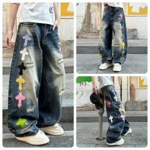 Streetwear Dopamine Leather Patch Embroidered Jeans