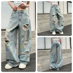 Ripped Colorful Hand-Painted Graffiti Washed Straight Pants