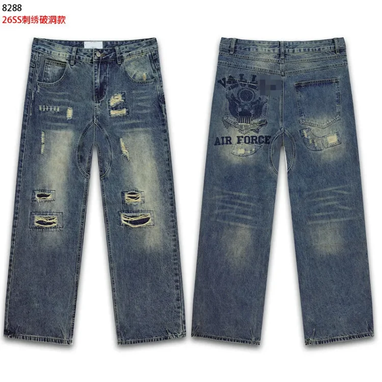 VA Washed Ripped Embroidered Straight Jeans